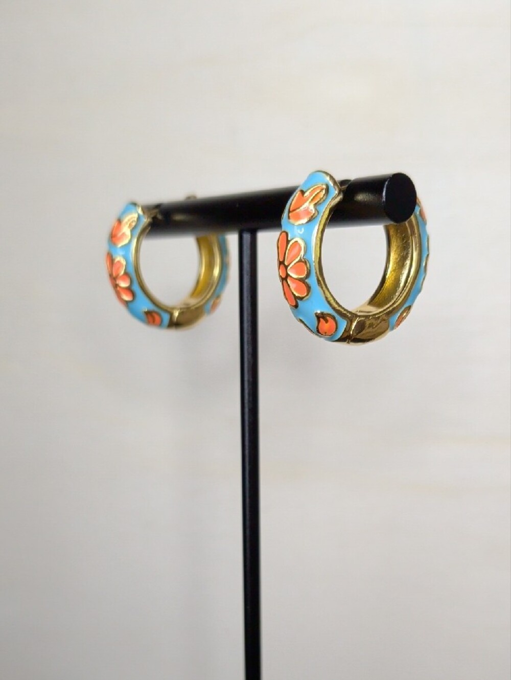 18k Gold Filled Hoop Earrings with Turquoise & Orange Floral Enamel - Picture 2 of 5